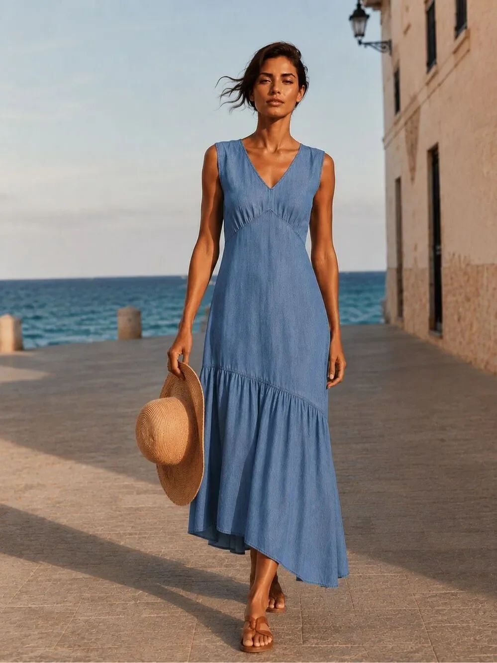 GAP NWT Chambray Denim Asymmetrical Midi Dress V-Neck Blue L Coastal Prairie - Picture 6 of 16